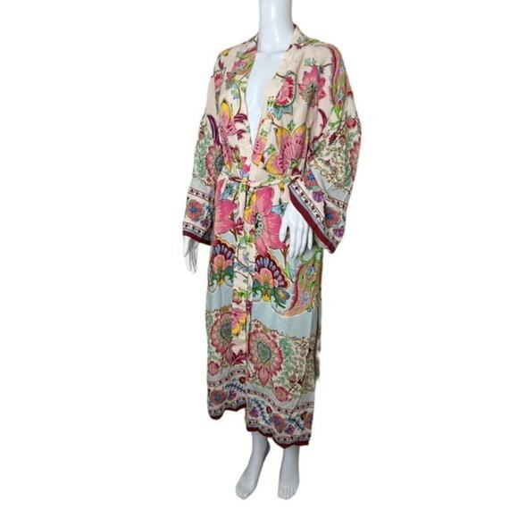 ZARA Pink Printed Belted Long Line Open Front Kimono Robe Duster Sz XS S M New - Picture 3 of 15